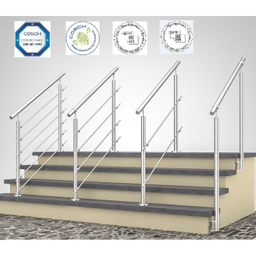 Edelstahl Treppengeländer Kugelring 1400 2x Pfosten Seitenmontage ohne Querstäbe